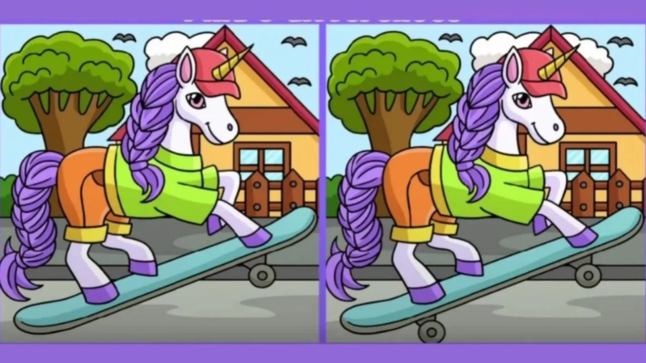 Only high IQs can see the 3 differences between two unicorns on skateboards in 6 seconds